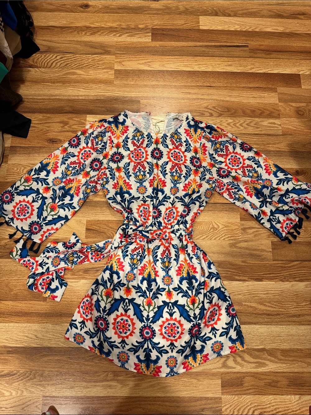 Aura White Floral Midi Dress with Navy and Red Pattern